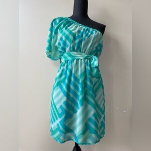 Forever 21 - Teal / Green Multicolor Off-the-Shoulder Asymmetrical Sundress - S